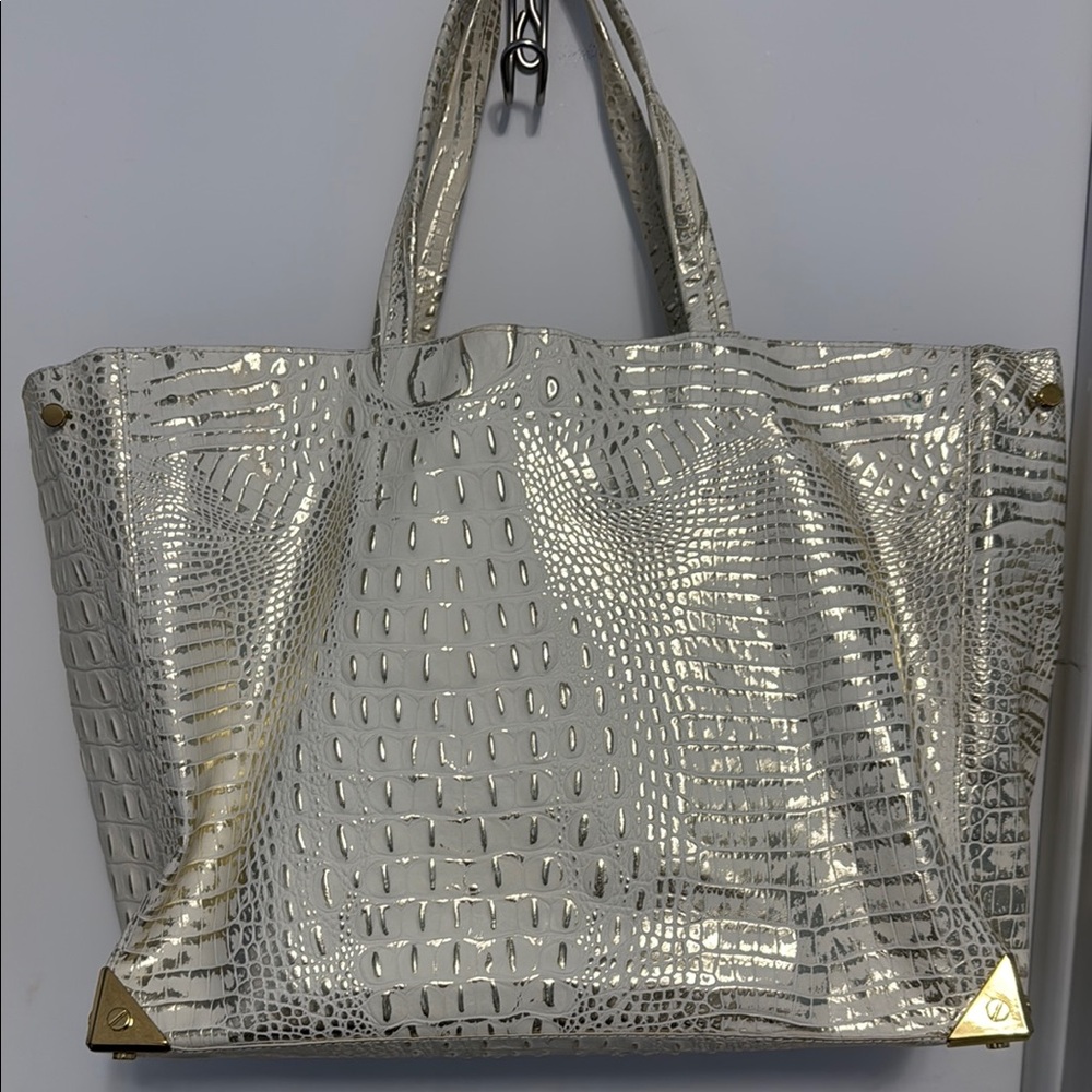 Bebe Croc-Embossed Ivory and Gold  Large Tote